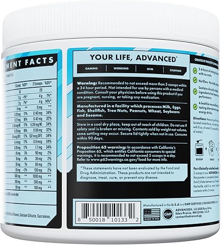 Miniatura 2 de Advanced Fórmula energética que aumenta la energía con electrolitos para hidratación, L-teanina para combatir el nerviosismo, sin azúcar y apta para