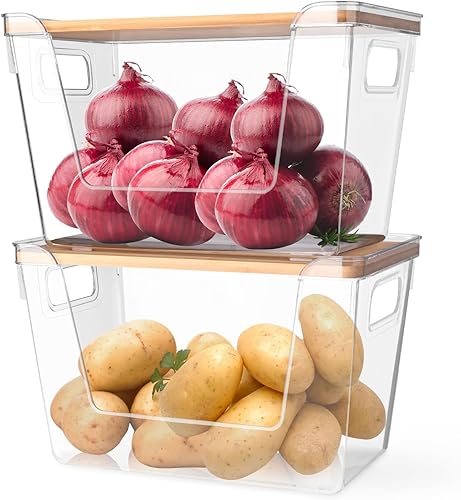 Paquete de 2 organizadores de despensa para cocina, contenedores de almacenamiento con tapas de bambú, gran capacidad, contenedores de