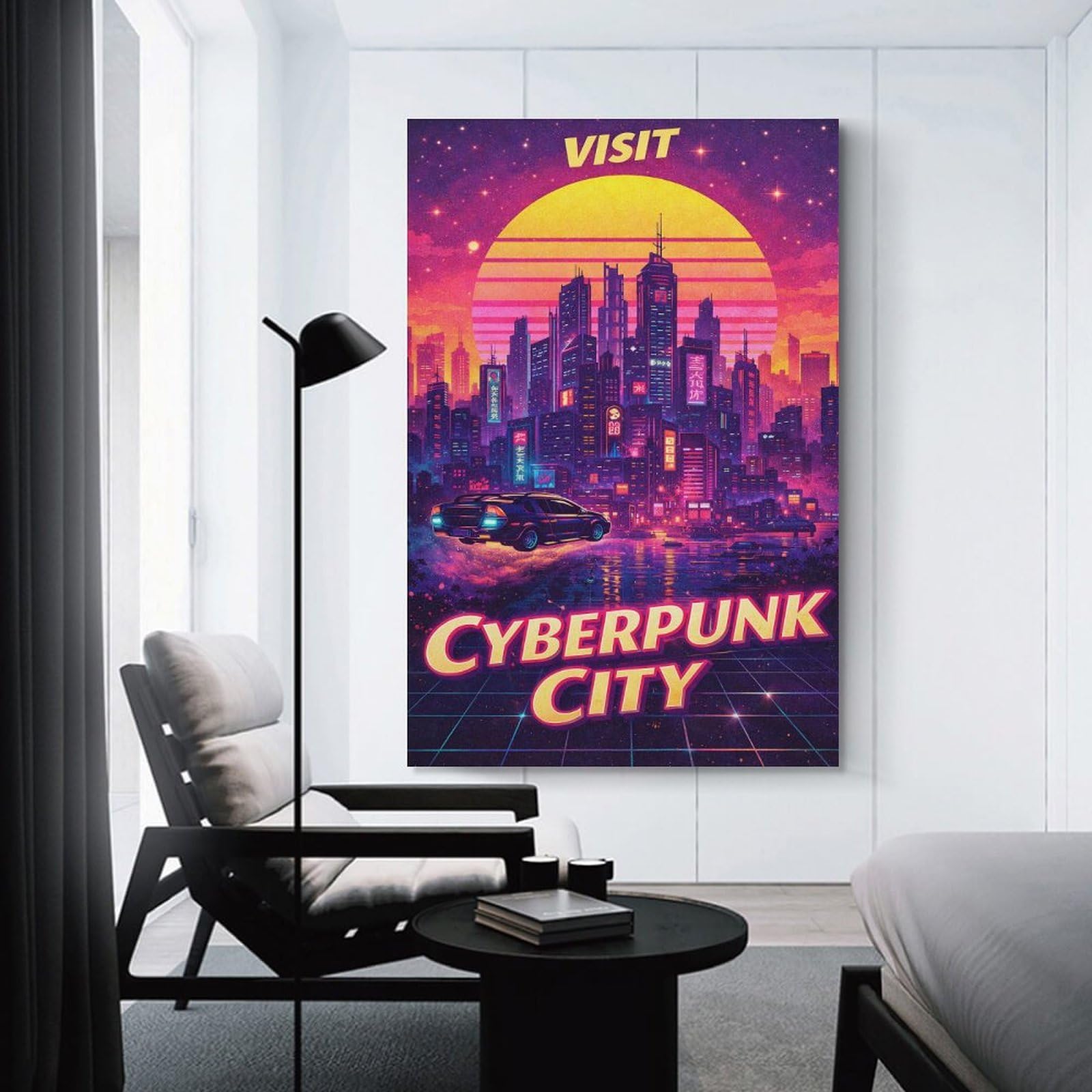 Junmoney Wall Decor Canvas Print Cyberpunk City Retro, 20x30inch(50x75cm), for Front Hall, Corridor Or Welcome Spaces, A Neat Decor Update for Hallways