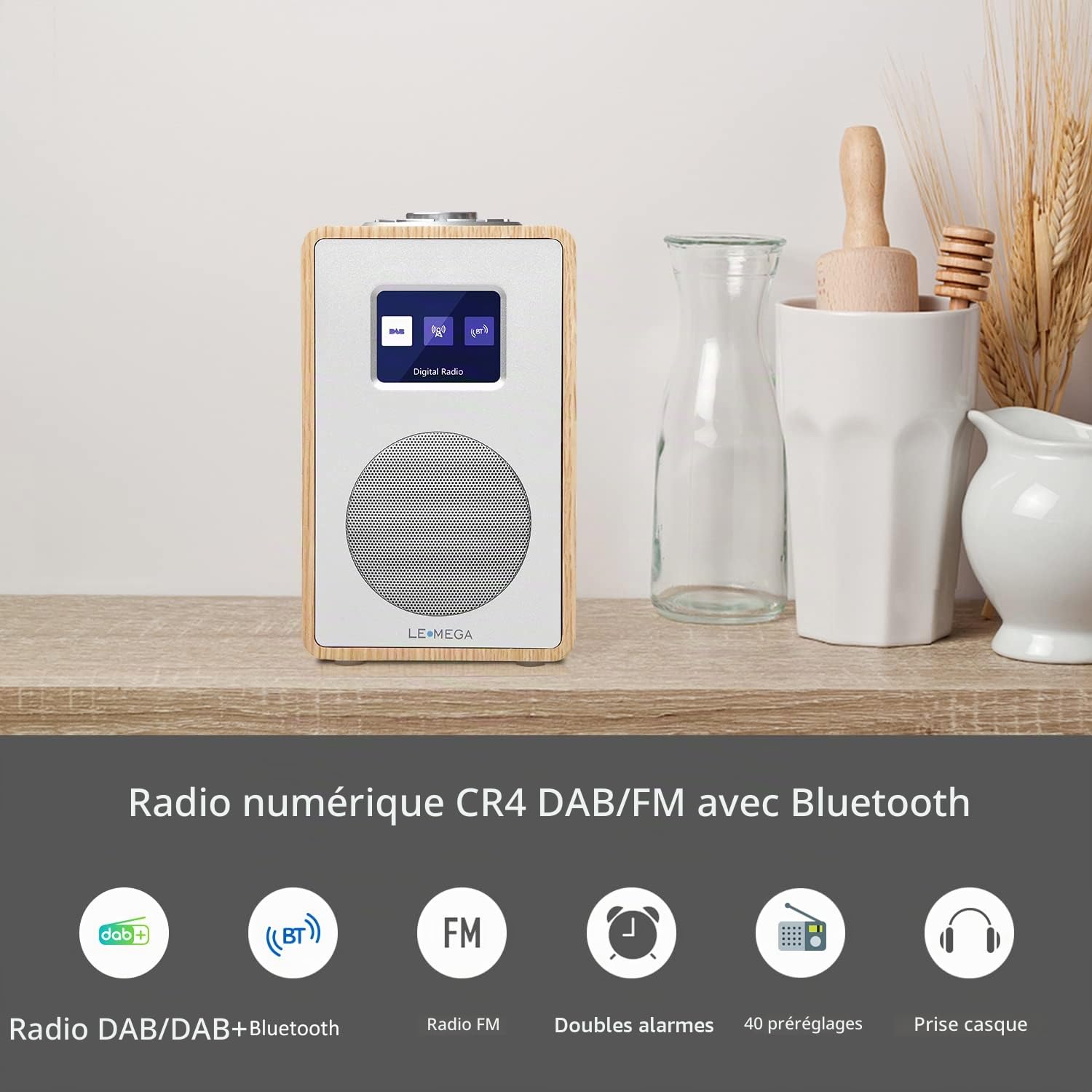 LEMEGA CR4 Radio Dab/Dab+/FM, Bluetooth, Écran Couleur, Chêne Blanc | Secteur, double alarme avec fonction snooze, Prise casque, USB, finition bois, streaming Bluetooth intégré