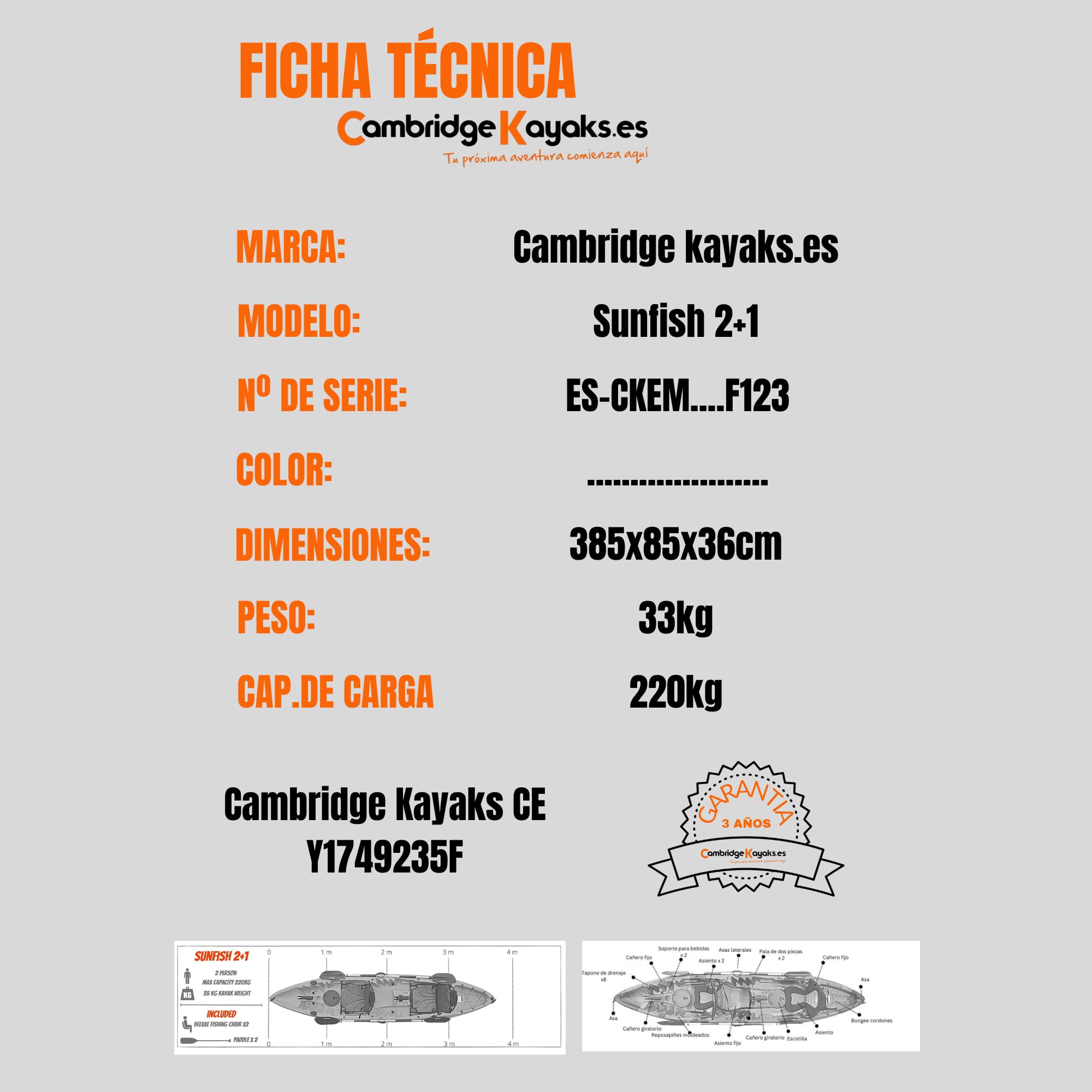 Cambridge Kayaks ES, Sun Fish TÁNDEM SÓLO 2 + 1,Azul, RIGIDO
