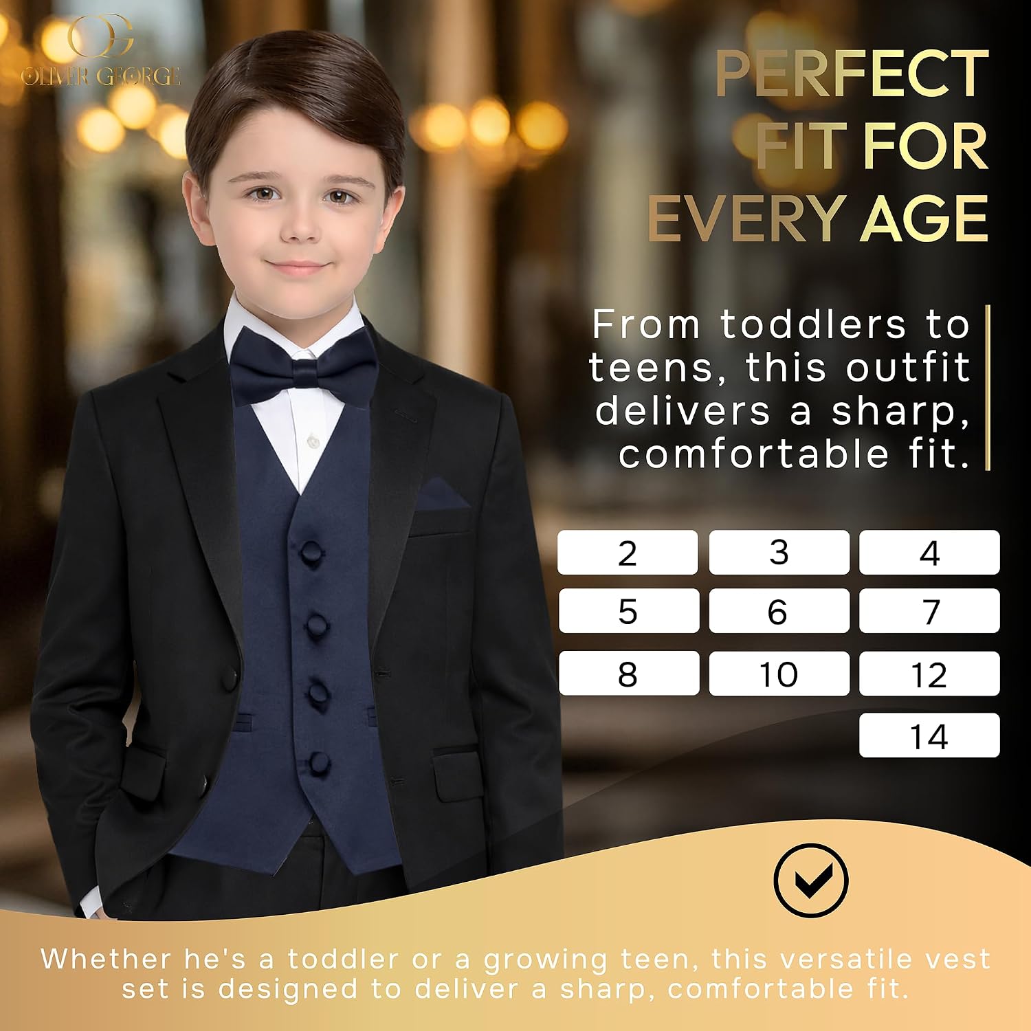 Oliver George Boy's 4-Piece Solid Formal Suit Vest Set, Zipper Tie, Clip-On Bow Tie & Pocket Square Kids Vest Set