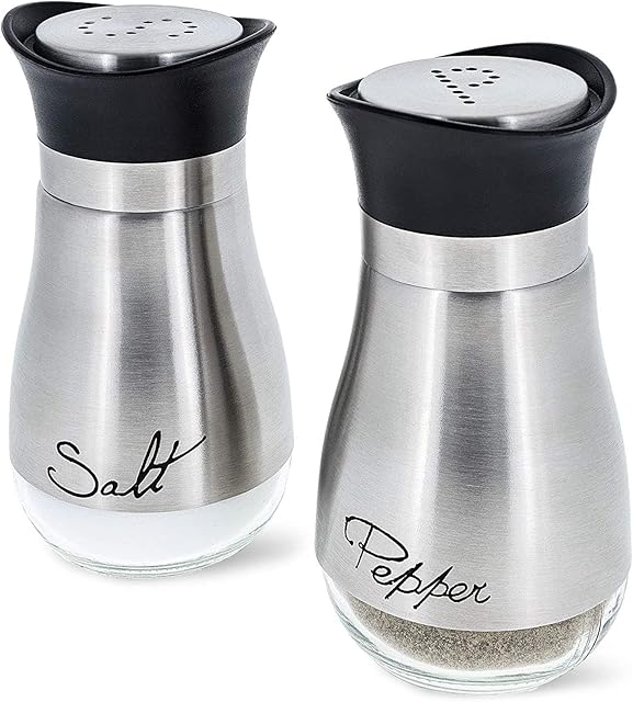 Juvale Salt and Pepper Shakers Set, Modern Stainless Steel and Glass Dispenser, 2 Pieces, 118 ml