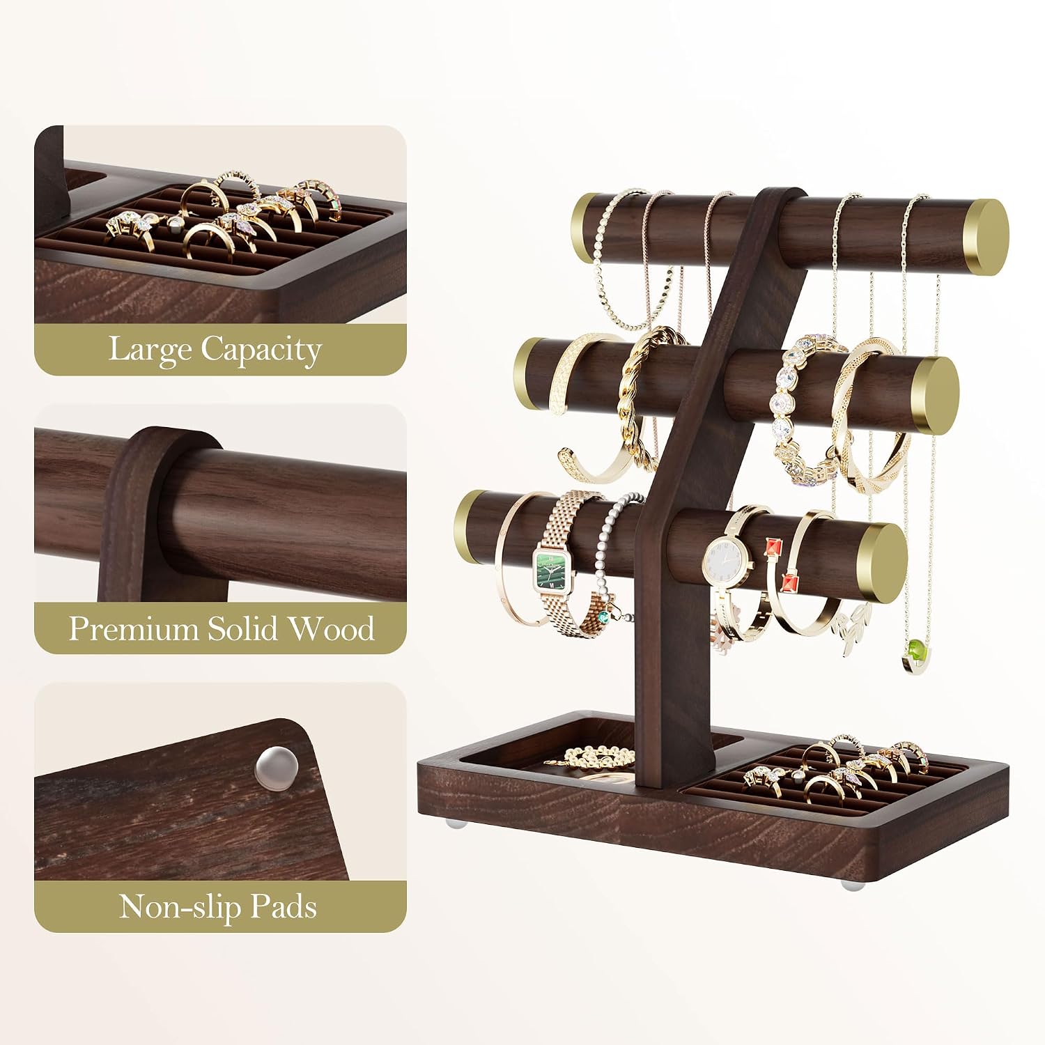 SRIWATANA 1 Bracelet Holder, Jewelry Display Stand Birthday Mother's Day Christmas Wood Solid Wood Classic Design Non-Slip Pad Metal End Cap Keeps Jewelry Secure T-Bar Organizer for Bracelets - Walnut