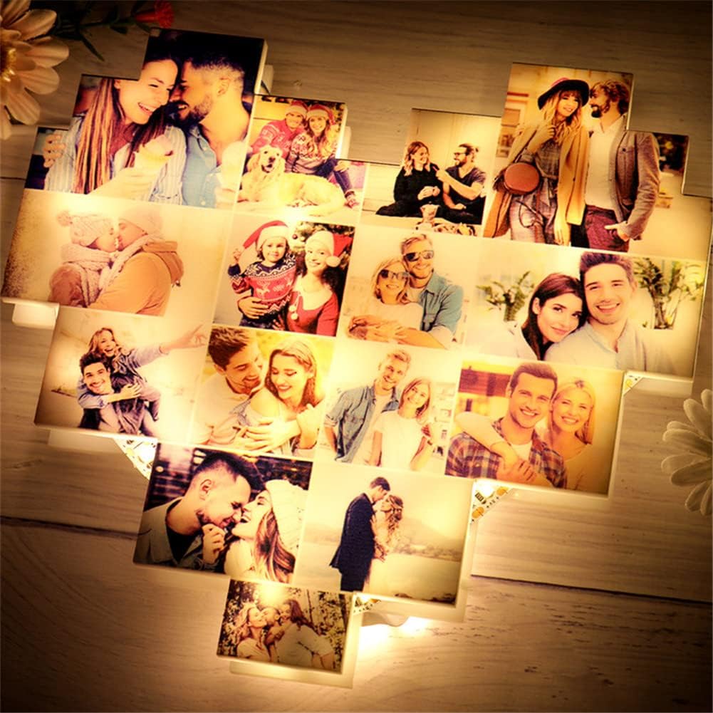 Personalized Heart Photo Night Light Custom 10 Picture Wall Hanging Picture Frame with Led Lamp Gifts for Couples Friends Family Customized Acrylic Photo Wall Light