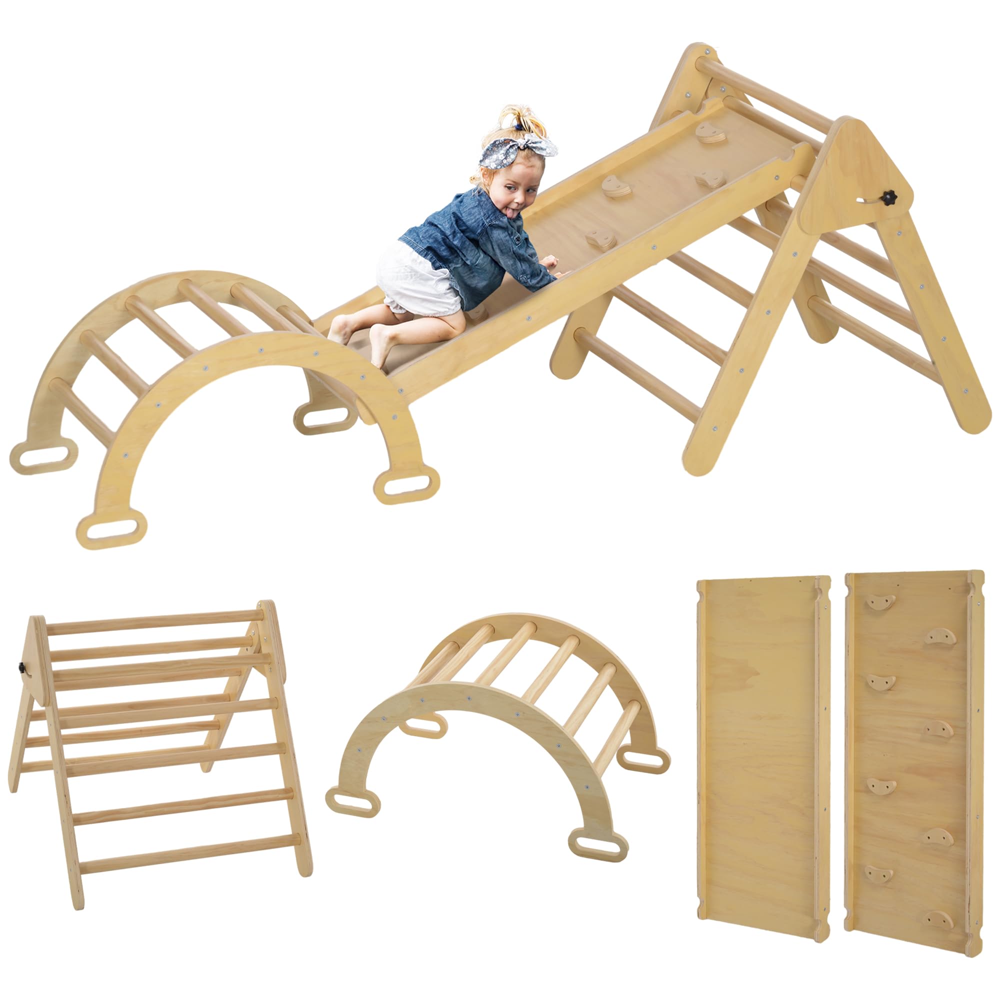 AIYAPLAY 5 en 1 Triángulo de Escalada Montessori con Arco y Rampa, Escalada para Niños de Madera Plegable, para 18-48 Meses, para Deslizarse o Escalar, 178x64,5 cm, Madera Natural