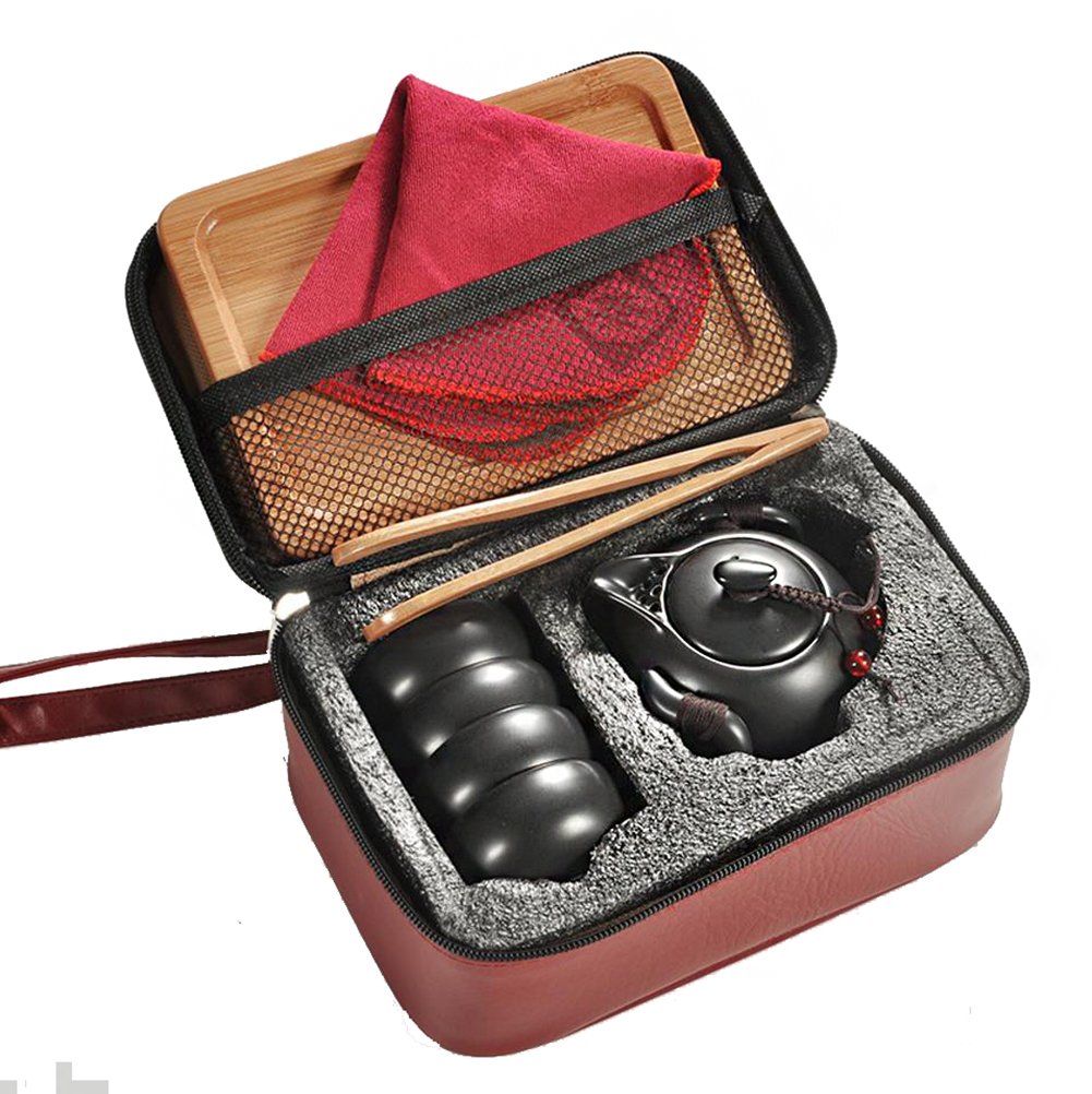Hoobar Ceramic Kungfu Tea Set Chinese Style Handmade Teapot and Teacups with Portable Travel Bag and Tea Tray (Black)
