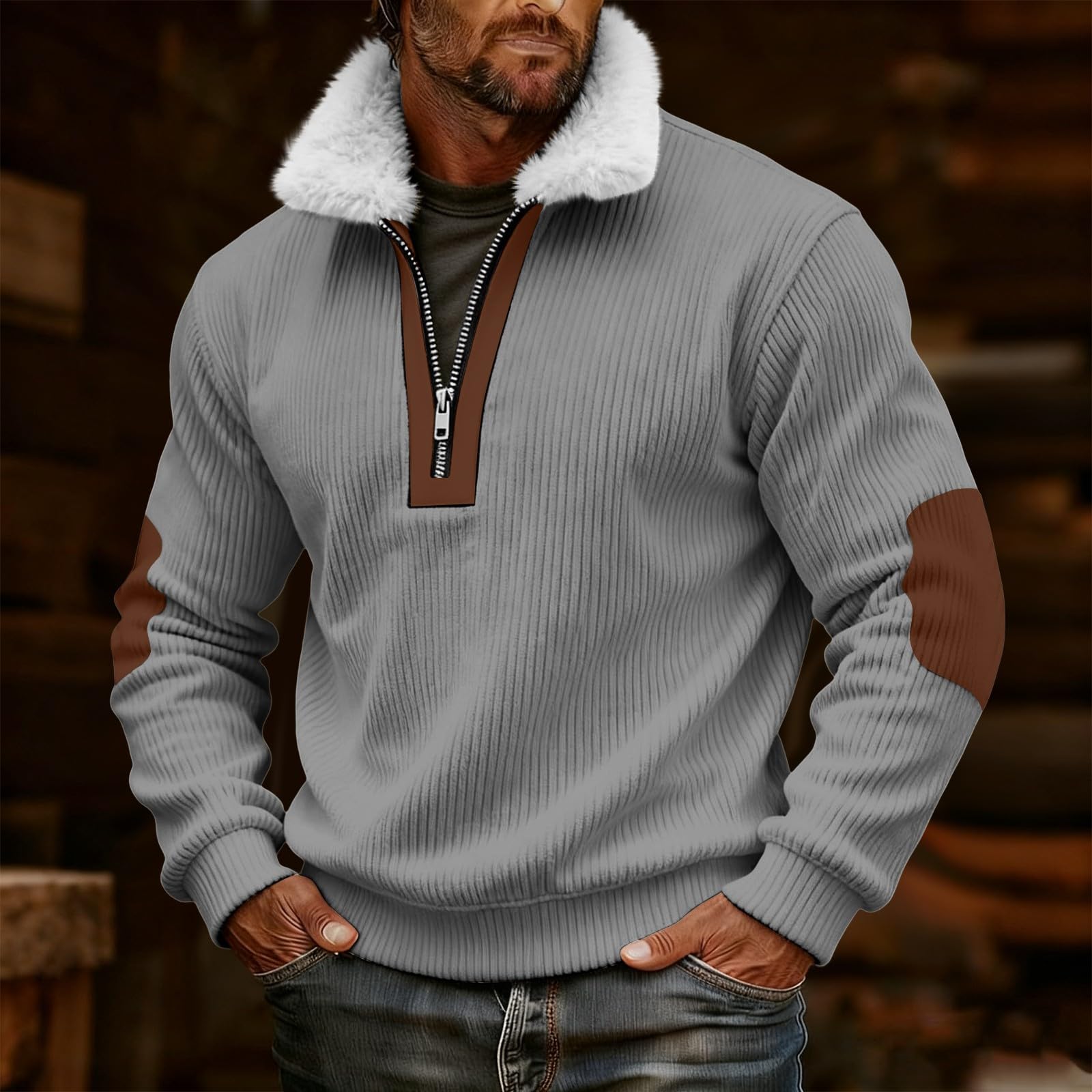 Generico Maglia Sportiva Uomo Maniche Lunghe Mezza Zip Collo in Pelo Tessuto A Righe Spesse per Uscite all’Aperto Invernali
