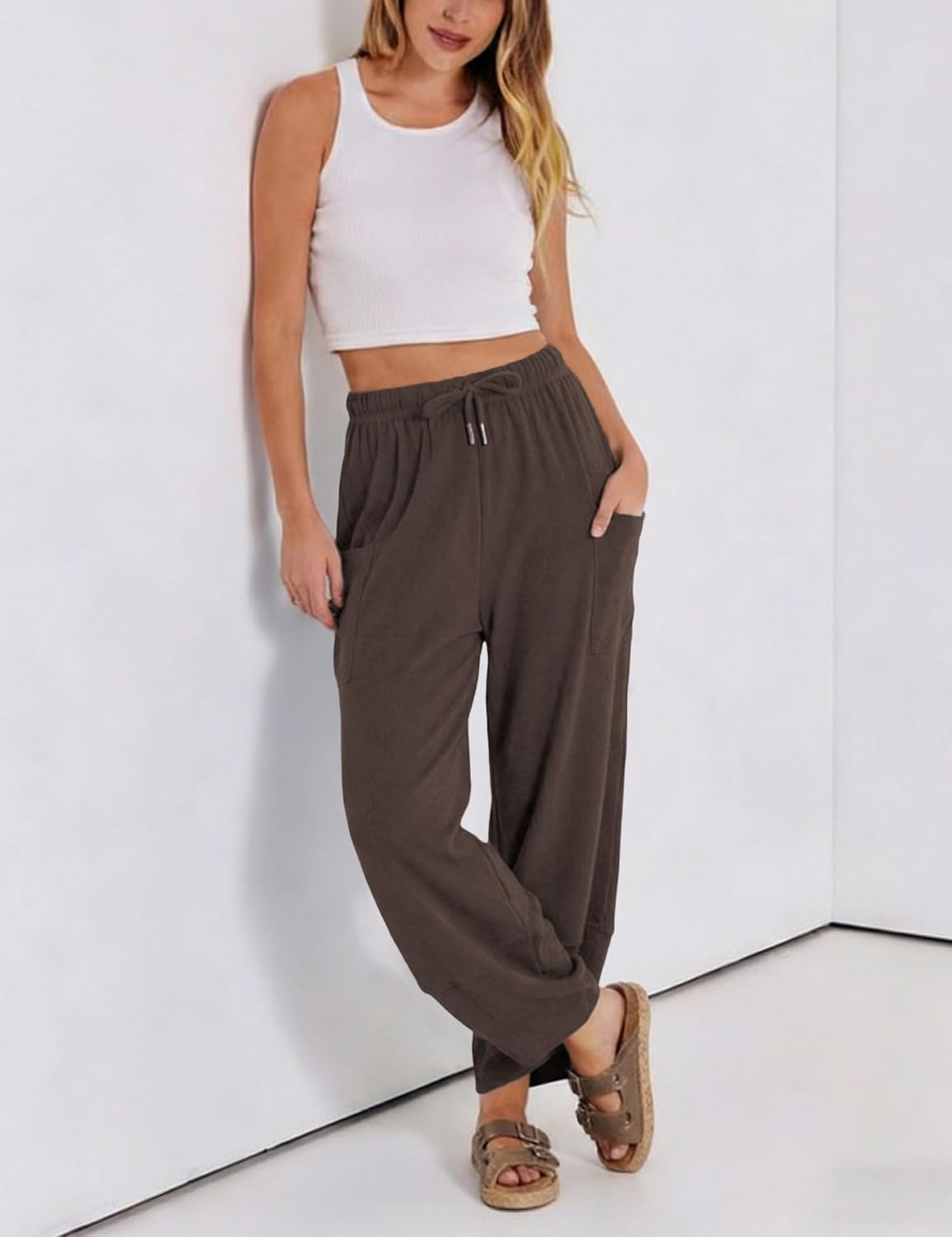 Athlisan Womens Wide Leg Pants Elastic Waist Baggy Palazzo Harem Pants with Pockets