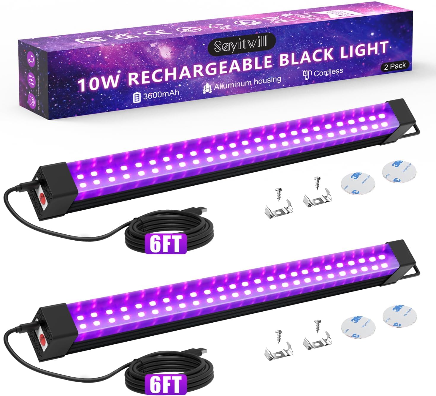 Rechargeable Black Light Bar 4 Packs, Battery Powered Black Lights for Glow Party, Cordless UV Strip Lights with On/Off/Dimma/Flash Switch, for Neon,Uranium Glass, Classroom,Paint, Poster,Stage