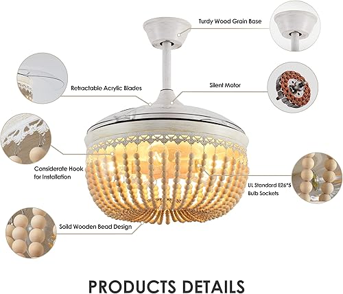 Miniatura 6 de xychfantligh Ventilador de techo retráctil con cuentas de madera de 42 pulgadas candelabro bohemio con control remoto ventilador de techo rústico