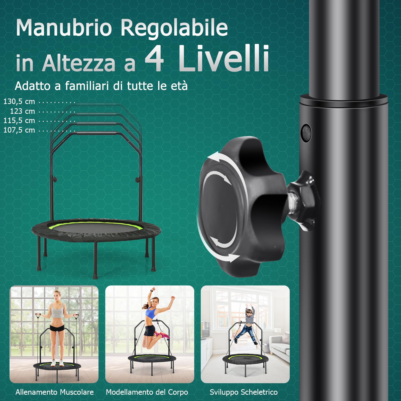 GYMAX Mini Trampolino Elastico Fitness, con 6 Supporti, 2 Cordini Elastici e Manubrio, Design Pieghevole e 4 Altezze Regolabili, Per Casa, Palestra, Blu