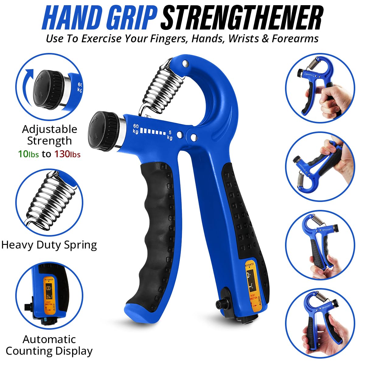 Grip Strength Trainer Kit with Finger Exerciser, Finger Stretcher, Forearm Grip Adjustable Hand Gripper, Exercise Grip Ring and Stress Relief Grip Ball for Athletes Muscle Trainer, Blue