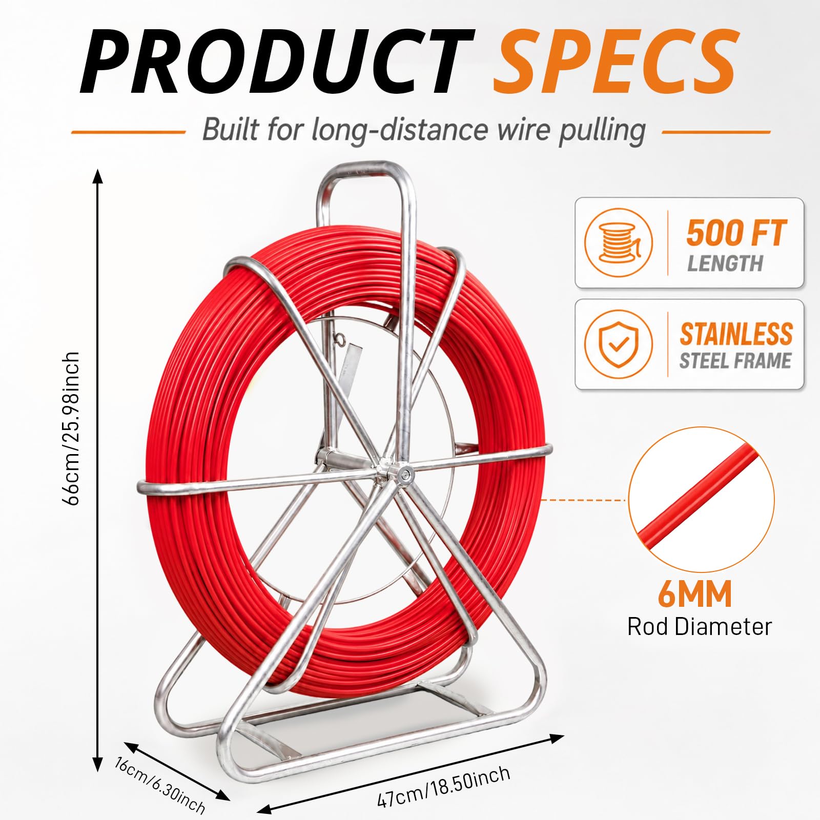 Rodder de conducto de 6 mm y 500 pies, cinta de fibra de vidrio, varilla de alambre resistente con soporte de acero duradero, extractor de cable de cinta de pescado para conductos e