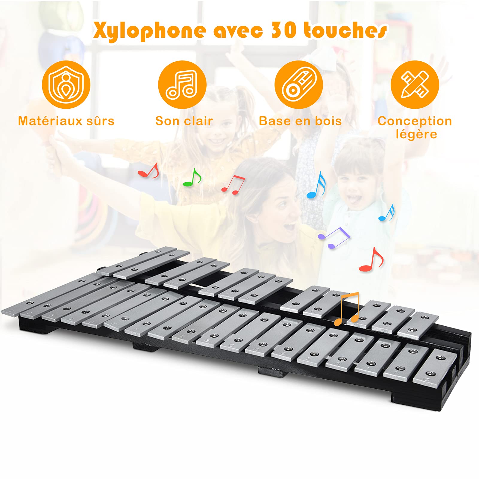 GOPLUS Glockenspiel de 30 Notes Pliable, Xylophone en Aluminium et Bois, Percussion Piano à 30 Tons, Instrument Musical Educatif et Professionnel pour Enfant, Portable avec Sac, Argenté