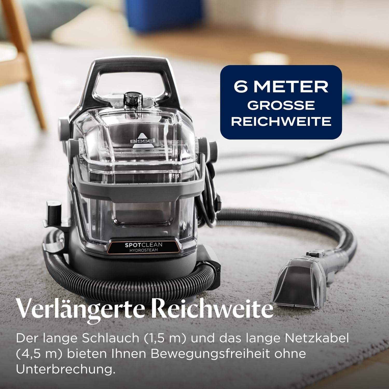 BISSELL SpotClean HydroSteam, Polsterreiniger Gerät, Teppichreiniger mit HydroSteam Technologie, Dampfreiniger, Nasssauger für Teppiche, Polster, Auto & Mehr, Leistungsstarker 1000W Motor, 3689N