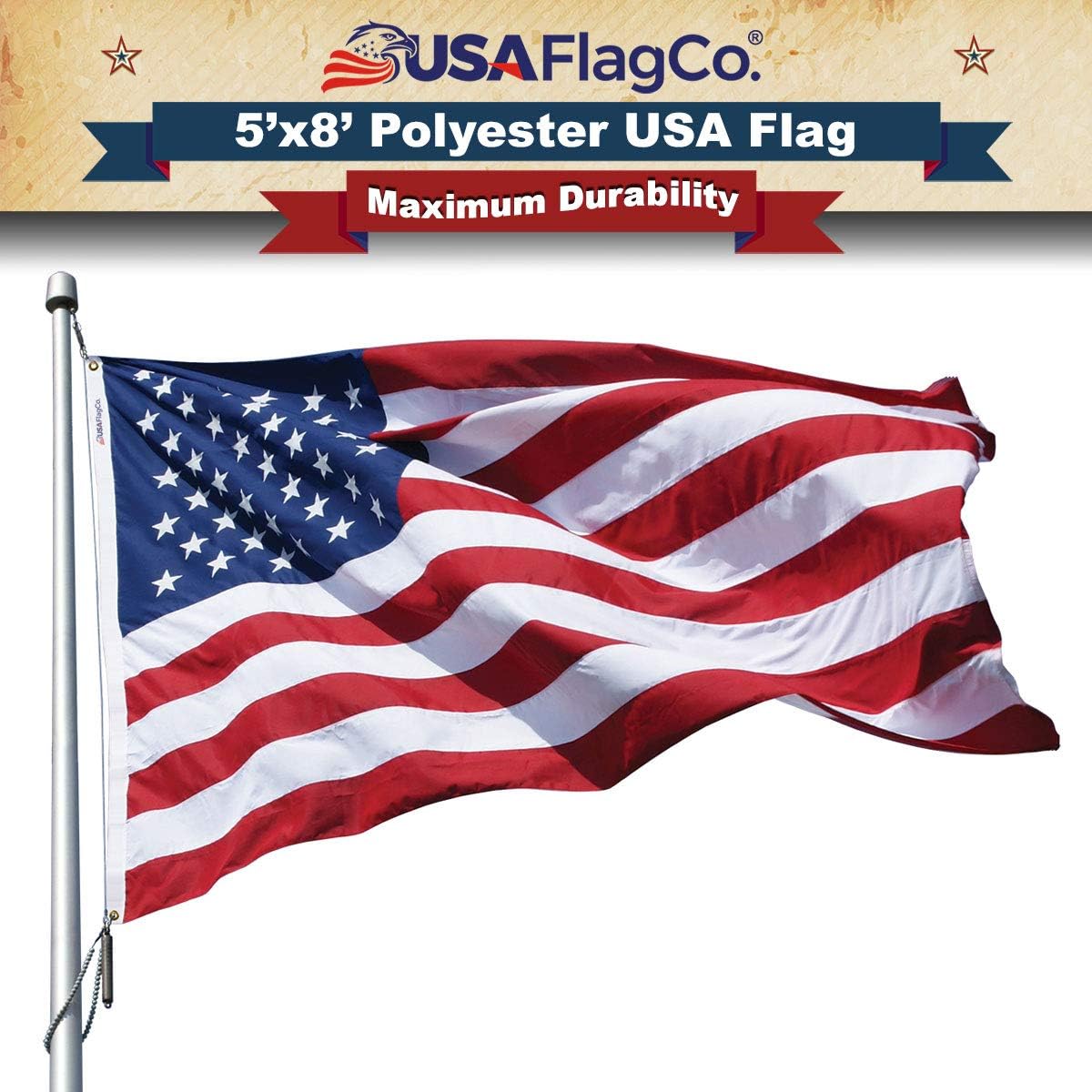 USA Flag Co. 5x8 Polyester American Flag - Embroidered Stars and Sewn Stripes Withstands Harsh Wind, Sun, Dirt, and Moisture Areas - Made in the USA