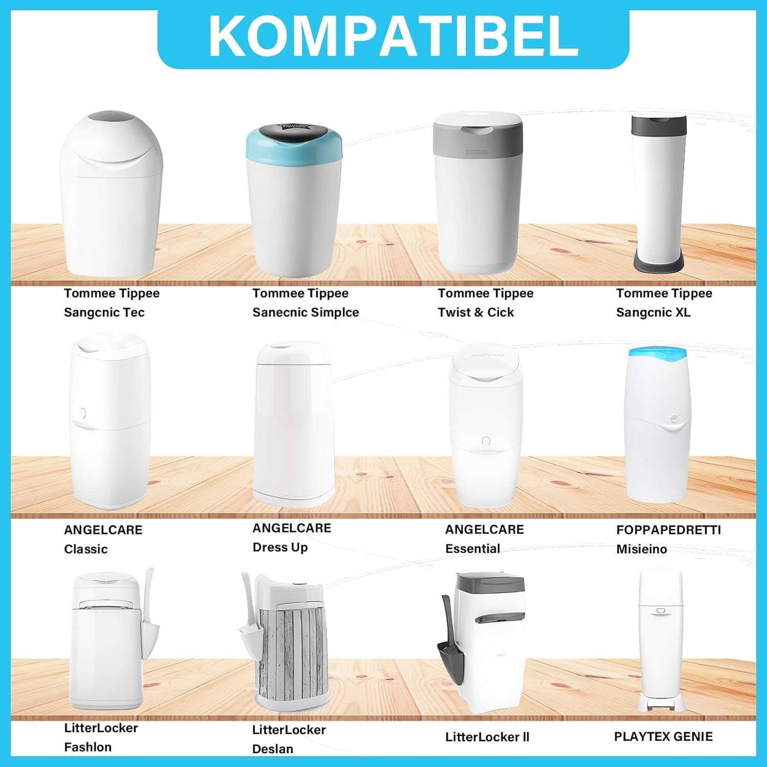 12 contenitori di ricarica per pannolini, Sacchetti mangiapannolini compatibile con tommee tippee (L) (12)