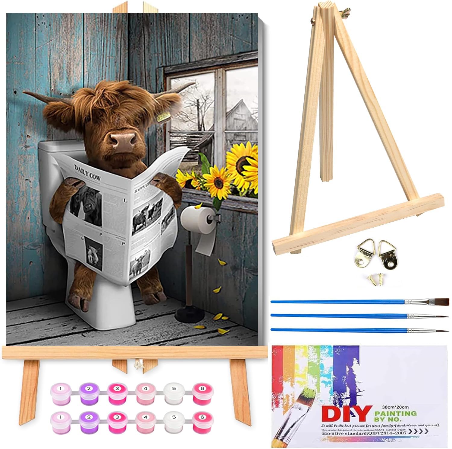 Jakener Paint by Numbers for Adults with Frame,Painting by Numbers for Adults with Wooden Easel,Cow DIY Box Pack Paint by Numbers Kits for Home Wall Decor 12x16inch