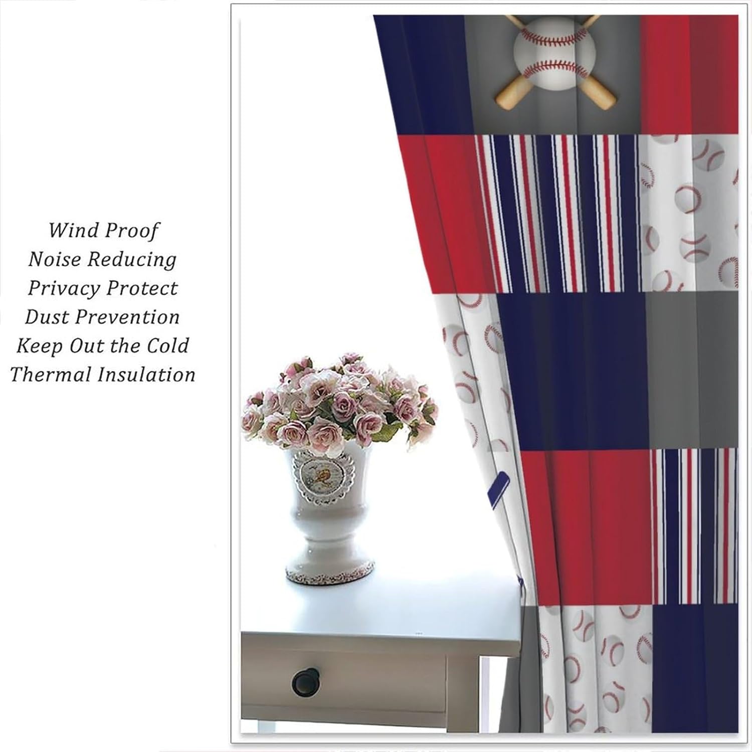 Baseball Blakcout Curtains for Boys Kids Teens,Red White Blue Baseball Patch Sport Window Drapes,Novelty Soccer Baseball Game Print Curtains for Living Room 42x63in