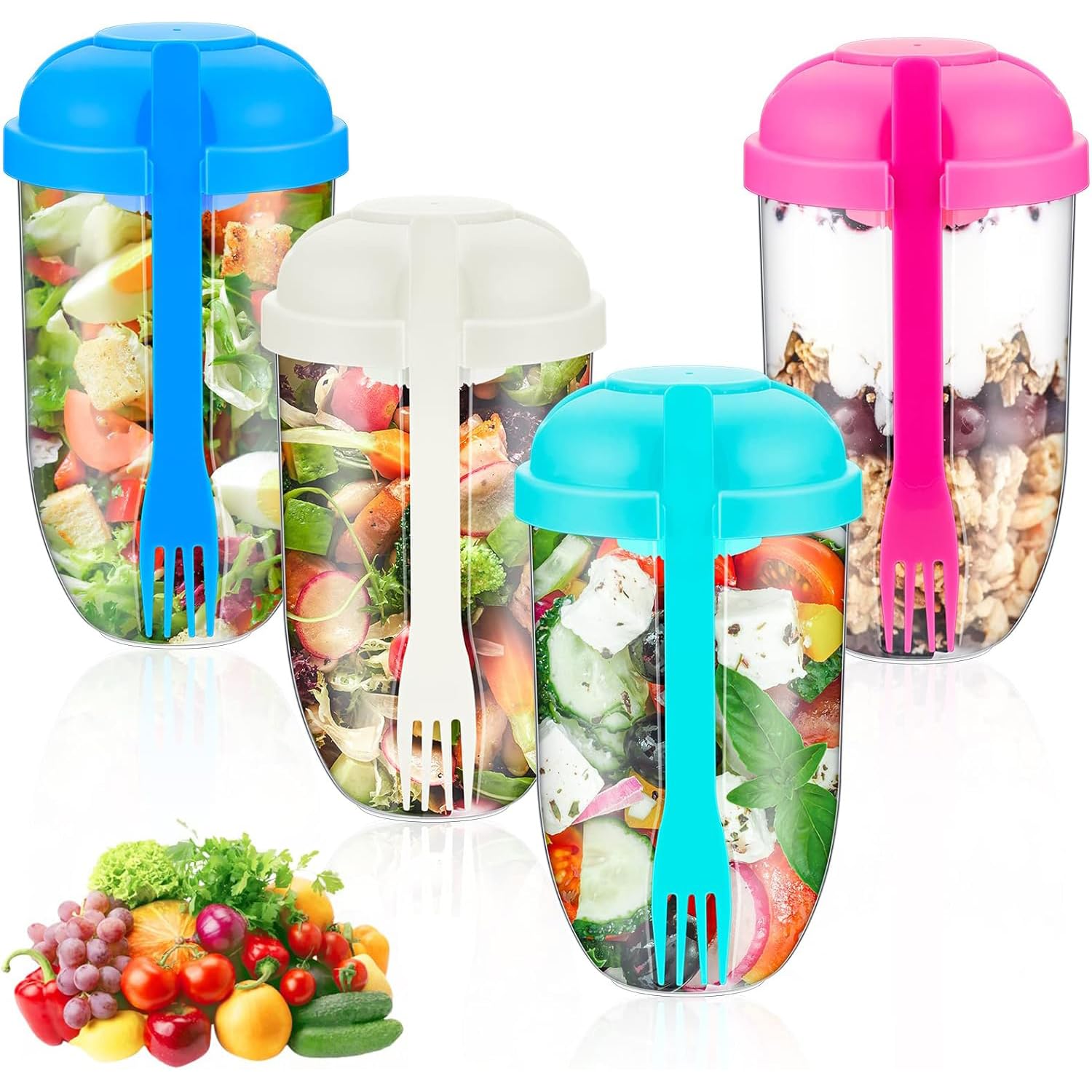 YelaJoy 4 Pcs Salad Cup with Lids and Fork Fresh Salad Shaker Container for Lunch, Keep Fit Food Dressing Cup for Portable Breakfast Meal Vegetable and Fruits