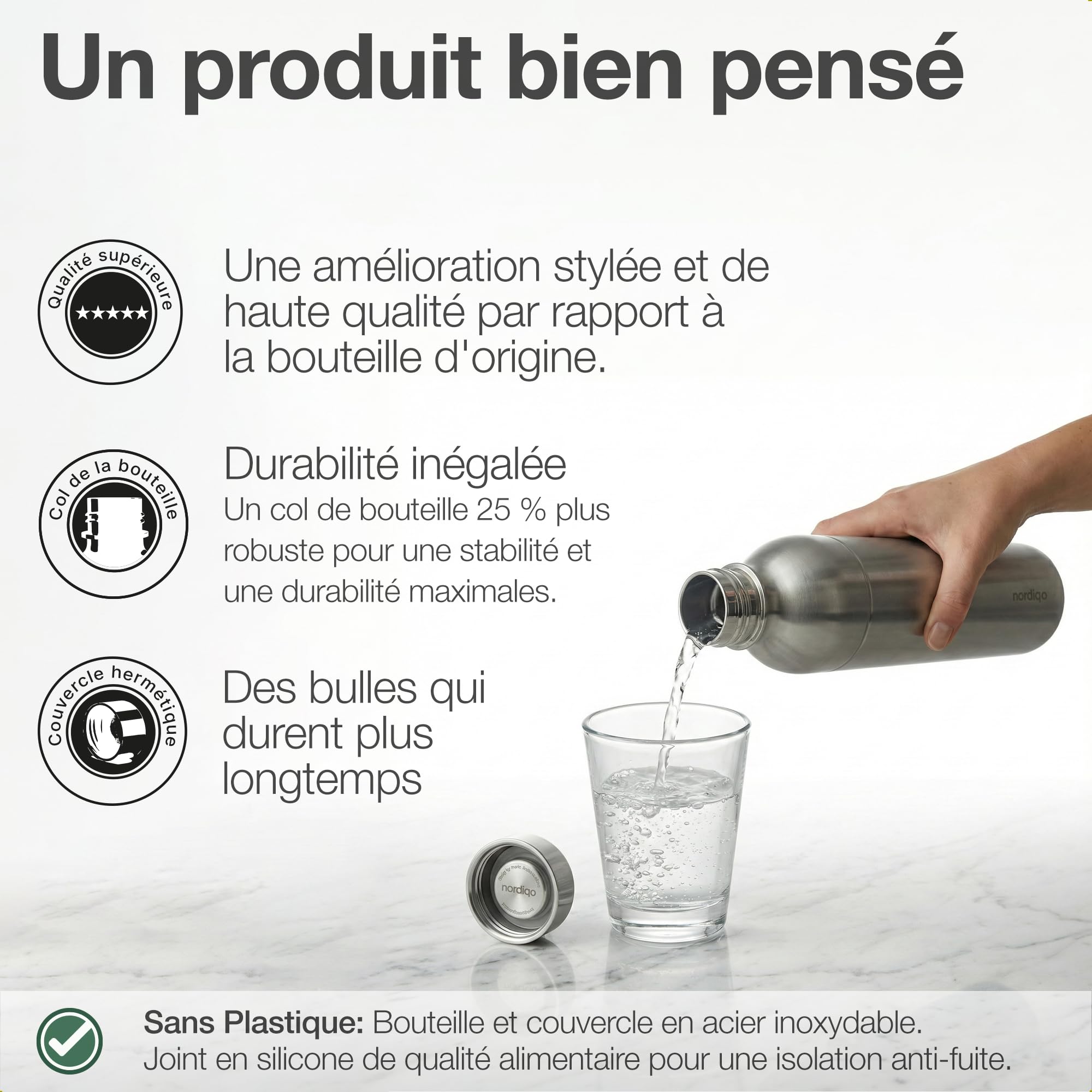 Bouteille Inox 1L | Compatible avec Aarke Carbonator 3, SodaStream Duo & Bouteilles Plastique | Pas pour Crystal & Jet | Sans date d'expiration | Sans plastique | 2x Inox