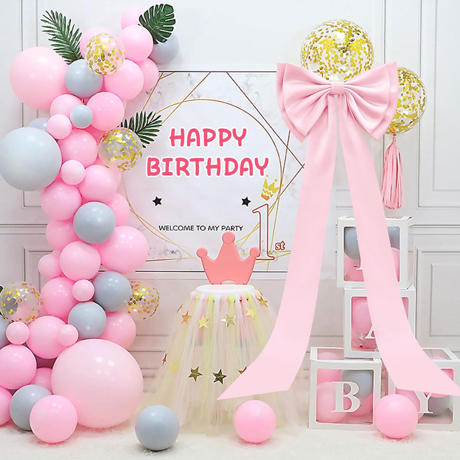Large Satin Bow for Backdrop, 59" x 15" Giant Bow Ribbon Tie for Themed Room Wall Decor Ormanents Door Valentines Day Wedding Engagement Bachelorette Shower Bridal Decoration (Pink, 15x59 Inches)