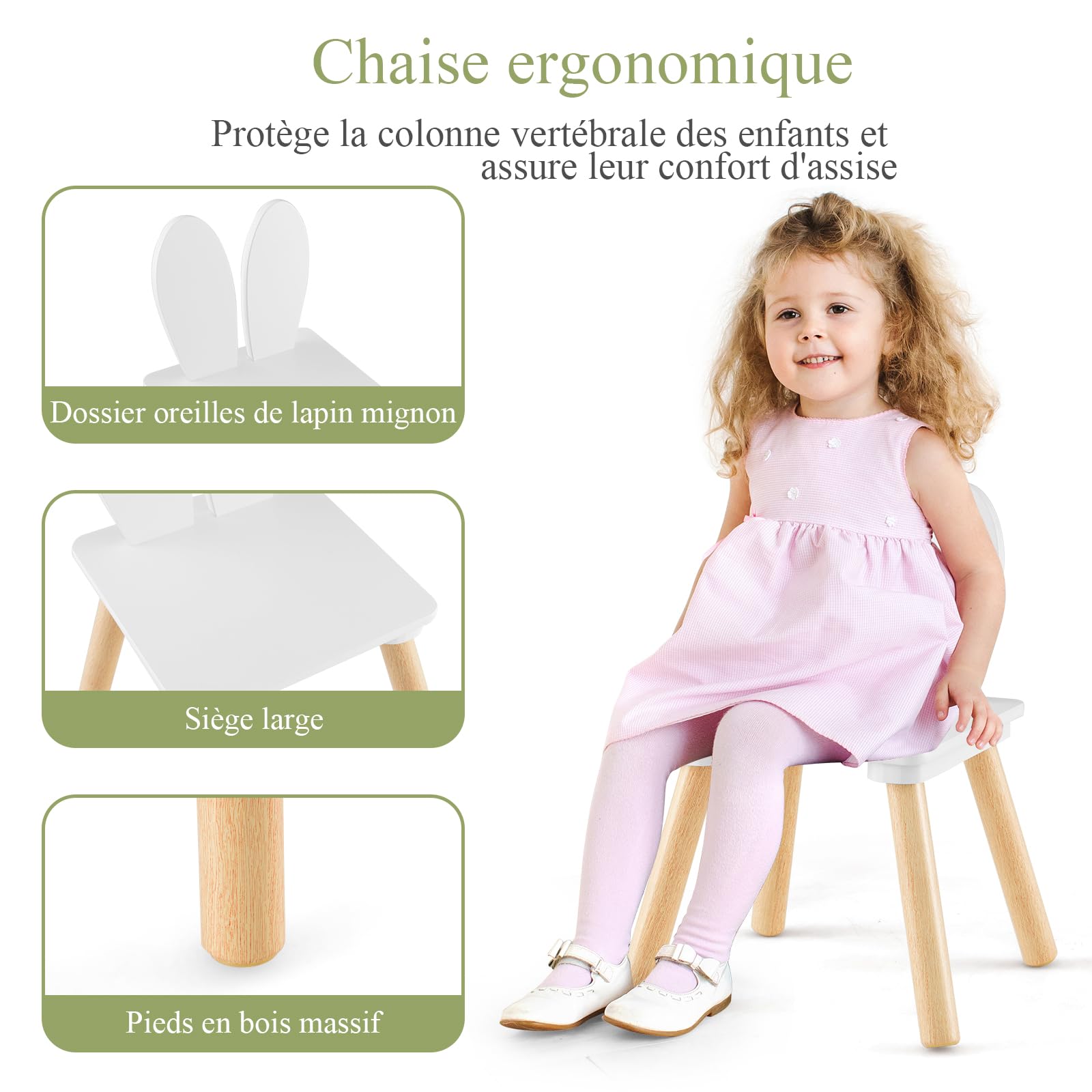 LIFEZEAL Ensemble de Table et Chaise pour Enfants 3-6 Ans, Table Enfant avec 2 Chaises en Bois, Chaise avec Dossier en Forme de Lapin, Charge de 20/40 KG, Table de Jeux 60x60x43 CM (Blanc)