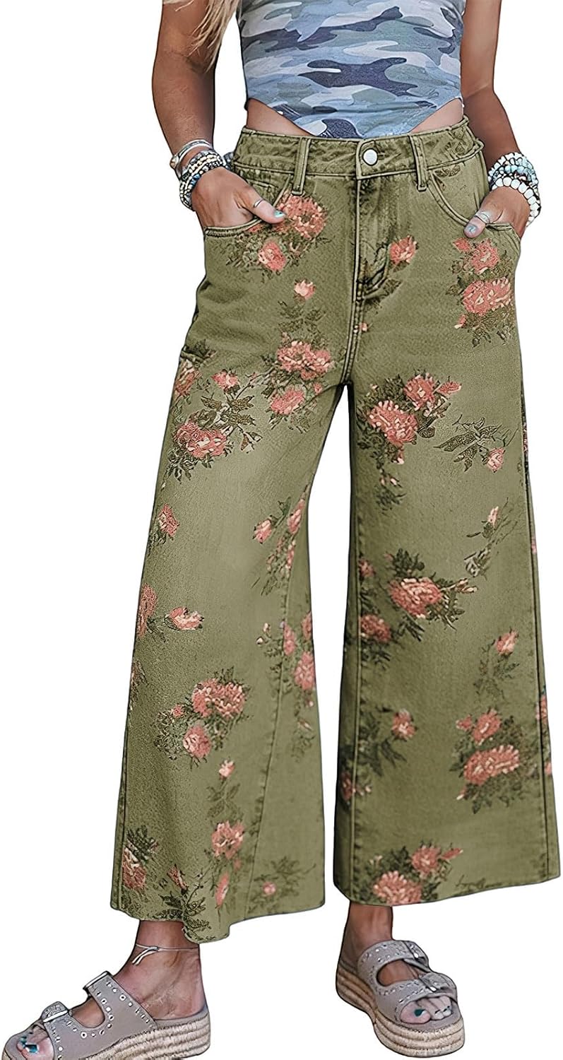 ebossy Women's Floral Pattern Barrel Jeans Wide Leg Mid Rise Cropped Denim Pants Boyfriend Y2k Stretchy Jeans