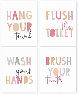 HRQKO Pink Wash Your Hands Wall Art Poster Prints Set of 4,Pink Bathroom Wall Decor, Kids Bathrooms Artwork Print Posters Wall Decor, Girls Bathroom Set Prints for Nursery Bathrooms 8”x10” Unframed