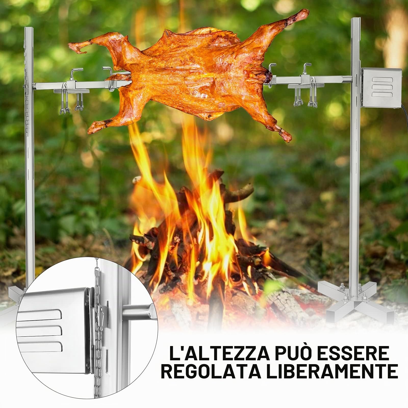 Girarrosto elettrico per barbecue, motore 15W a rotazione 360°, altezza regolabile 38-62 cm, spiedo in acciaio inox per maialino, agnello e tacchino, portatile per esterni e campeggio
