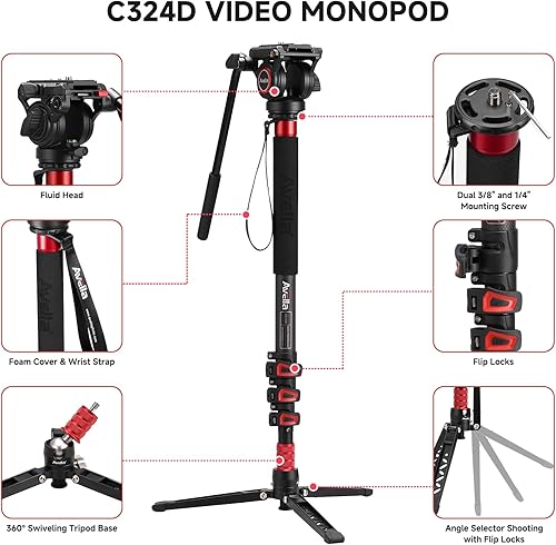 Miniatura 2 de Avella CD324 - Kit de monopie de video de fibra de carbono, con cabezal fluido y pies extraíbles, carga máxima de 71 pulgadas, 13.2 libras para