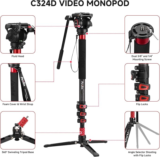 Monopie de Fibra de Carbono CD324 con Cabezal Fluido y Pies Removibles miniatura 2