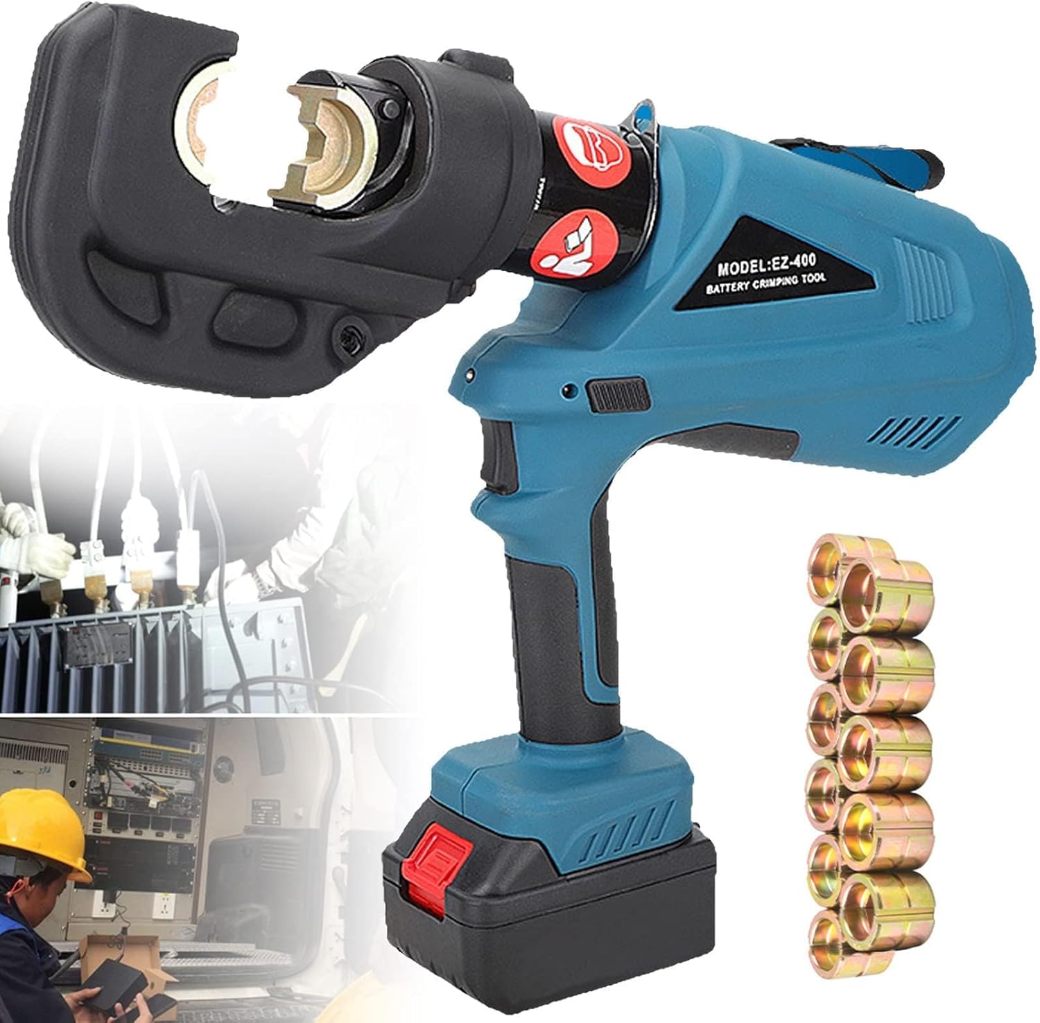電池式油圧圧着プライヤー、電動圧着工具 360° 電線圧着機 銅・アルミ端子用 (4.0AH 電池 2 個)