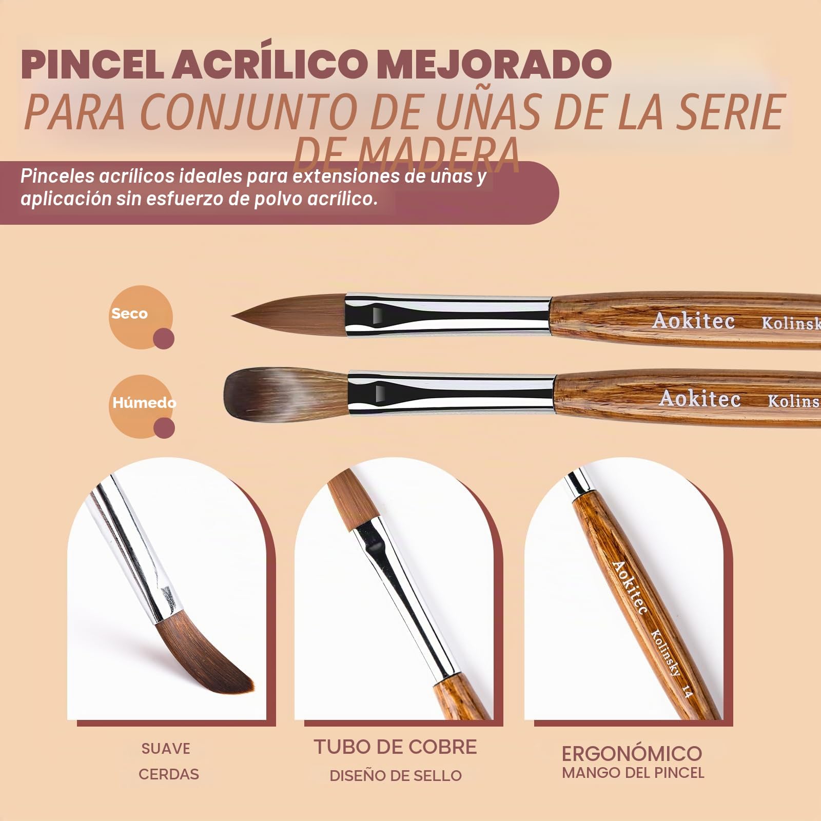 Aokitec Kolinsky Cepillo de uñas acrílico con limpiador de cepillos de metal - tamaño 8/12/14 cepillos de uñas para polvo acrílico, mango de madera cepillos acrílicos para uñas, extensión de uñas