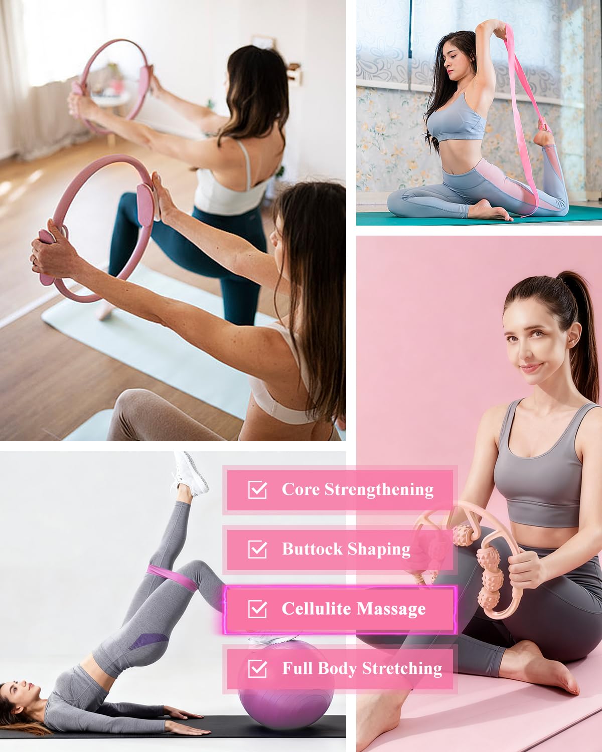Better Me zestaw do pilatesu dla kobiet, zestaw pierścionków i piłek, podstawowy sprzęt, z 5 taśmami oporowymi, wałkiem do masażu, akcesoria startowe do jogi, do tonowania ramion, ud i