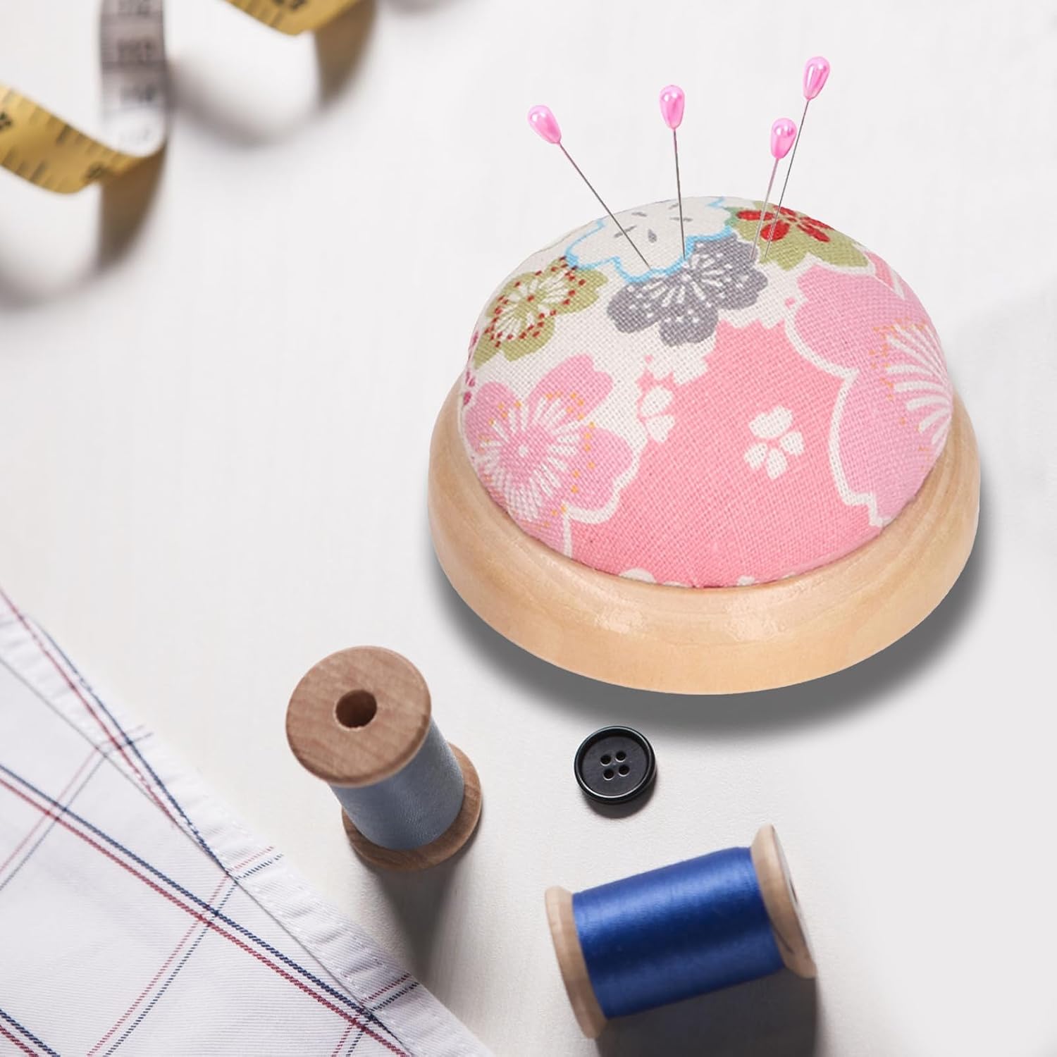 6PCS Round Pin Cushion, Wooden Base Needle Pincushions DIY Craft Pin Cushions Cute Pincushion for Needle Holder Japanese Style for Hand Sewing, Embroidery, Quilting