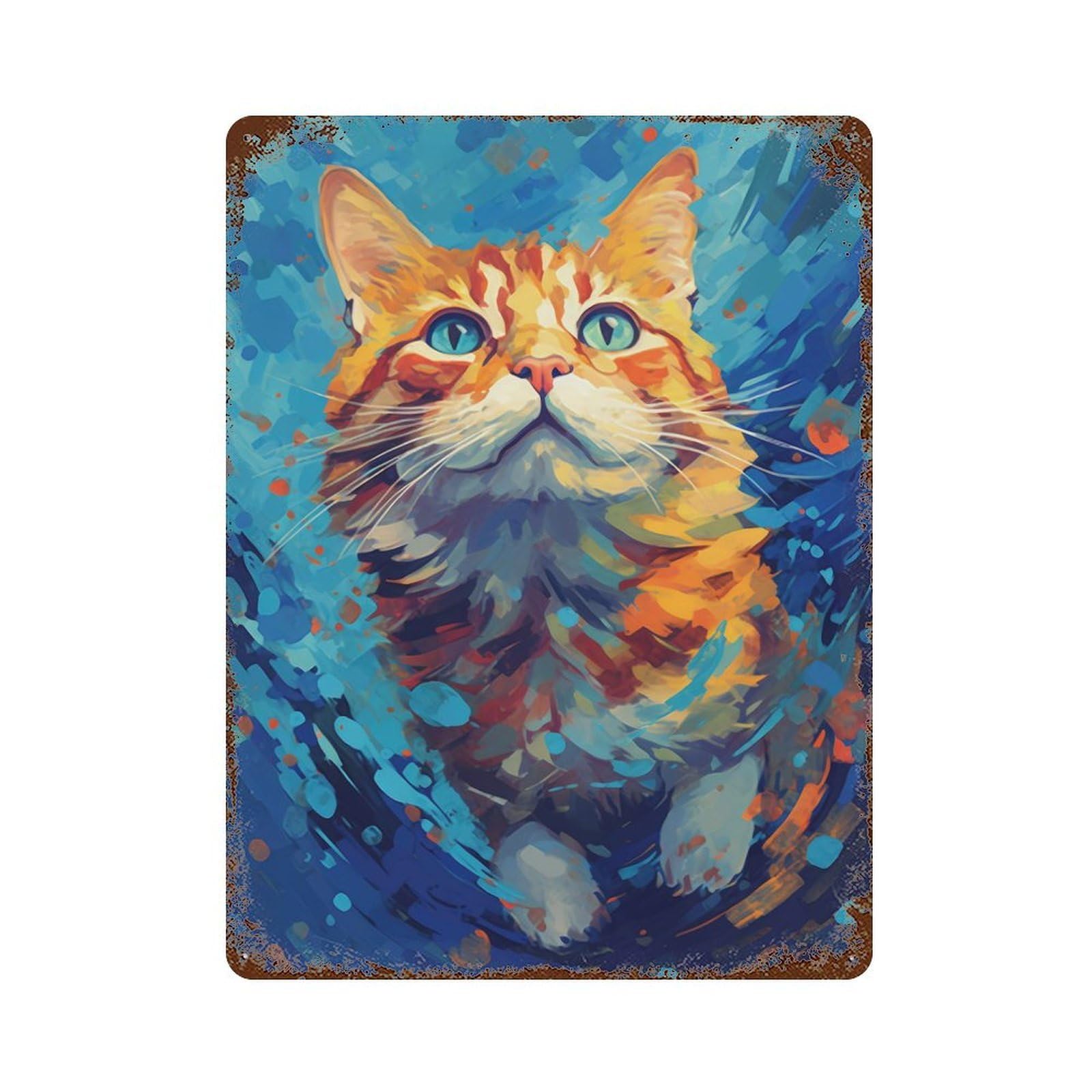 Vintage Rust Metal Sign with Underwater Cat Design 15.7"x11.8", for Garage, Bar And Workshop Decor, Retro Wall Decor