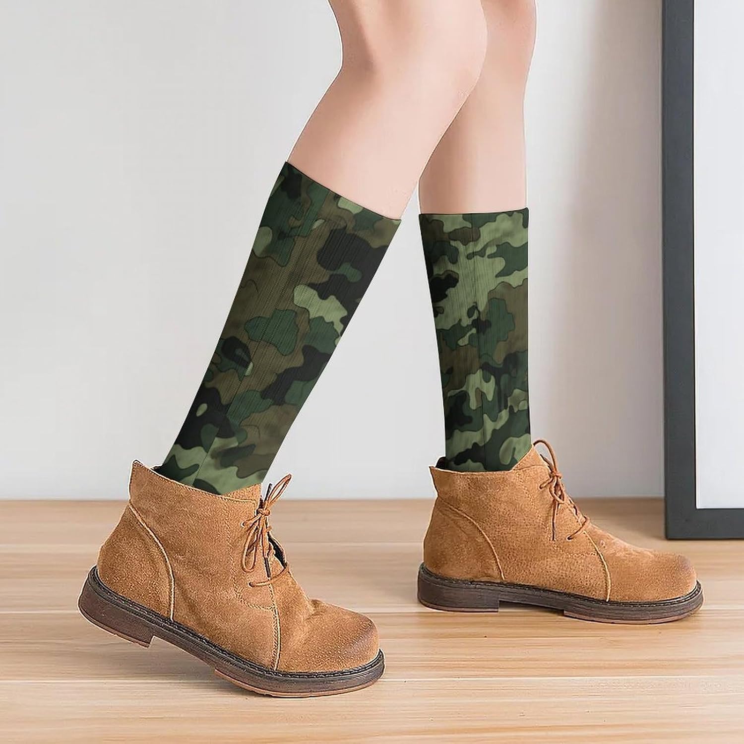 Breathable Crew Sock, Moisture Wicking, Athletic Calf Socks, Cozy | Green Military Camo Compression Socks for Women Men, Lightweight High Work Socks for Business, Casual