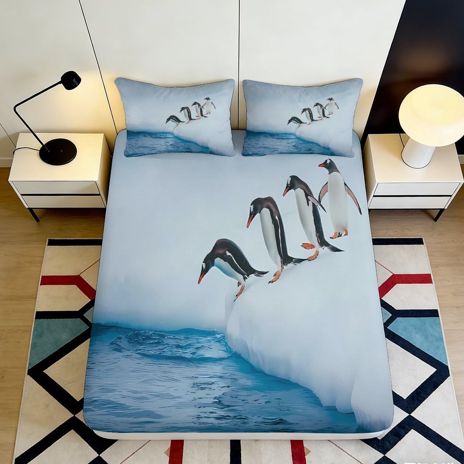 3D Printed Penguin Ice Fitted Sheet Microfiber Soft Waterproof Arctic Ocean Bed Cover for Bedroom Guest Room Decor 90x200x25cm