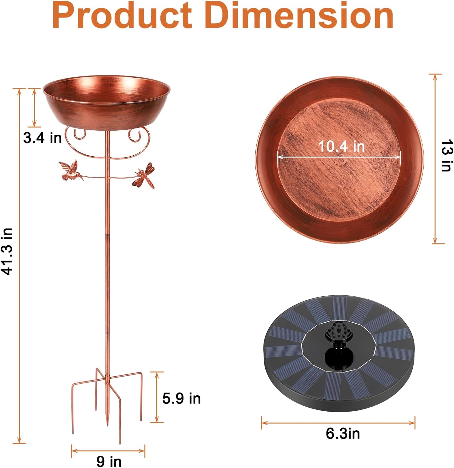 Metal Bird Bath for Outside Solar Powered Bird Bath Fountain, Freestanding Birdbath Feeder Bowl for Outdoor Garden Patio Yard Lawn Decor, Bronze, 41 in