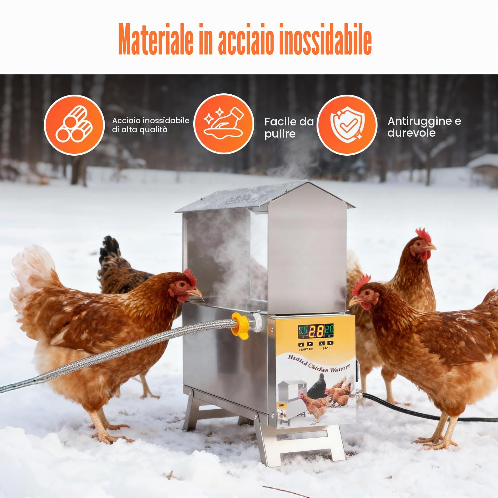 Abbeveratoio riscaldato per polli, in acciaio inossidabile da 9 litri, abbeveratoio per polli per l'inverno, abbeveratoio automatico per pollame, scaldino per abbeveratoi per anatre