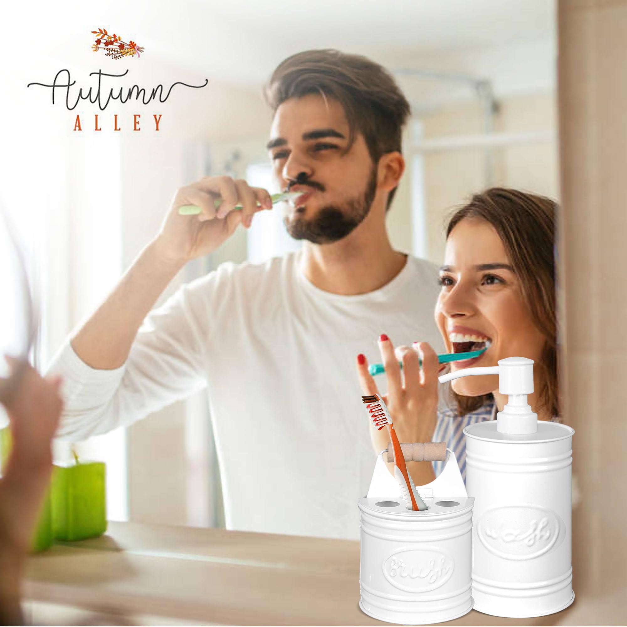 Autumn Alley Juego de accesorios de baño blancos de granja, dispensador de jabón de baño y soporte para cepillos de dientes, accesorios de baño modernos de granja, decoración de granja para encimera