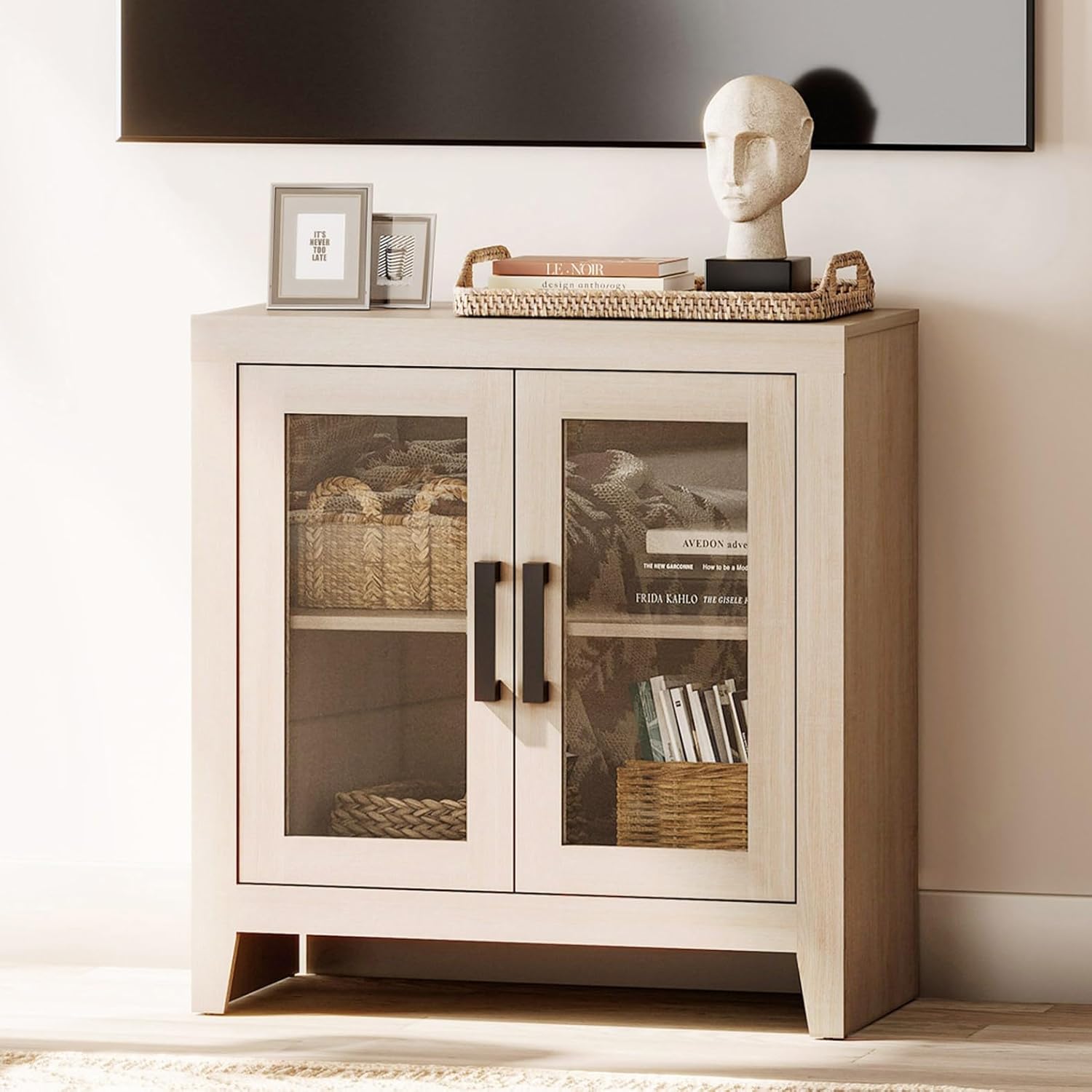 WAMPAT Farmhouse TV Stand for TVs up to 50”, Rustic Wood Entertainment Center with Adjustable Shelf, Glass Doors & Storage, Media Console Cabinet for Living-Room, Bedroom, Beige