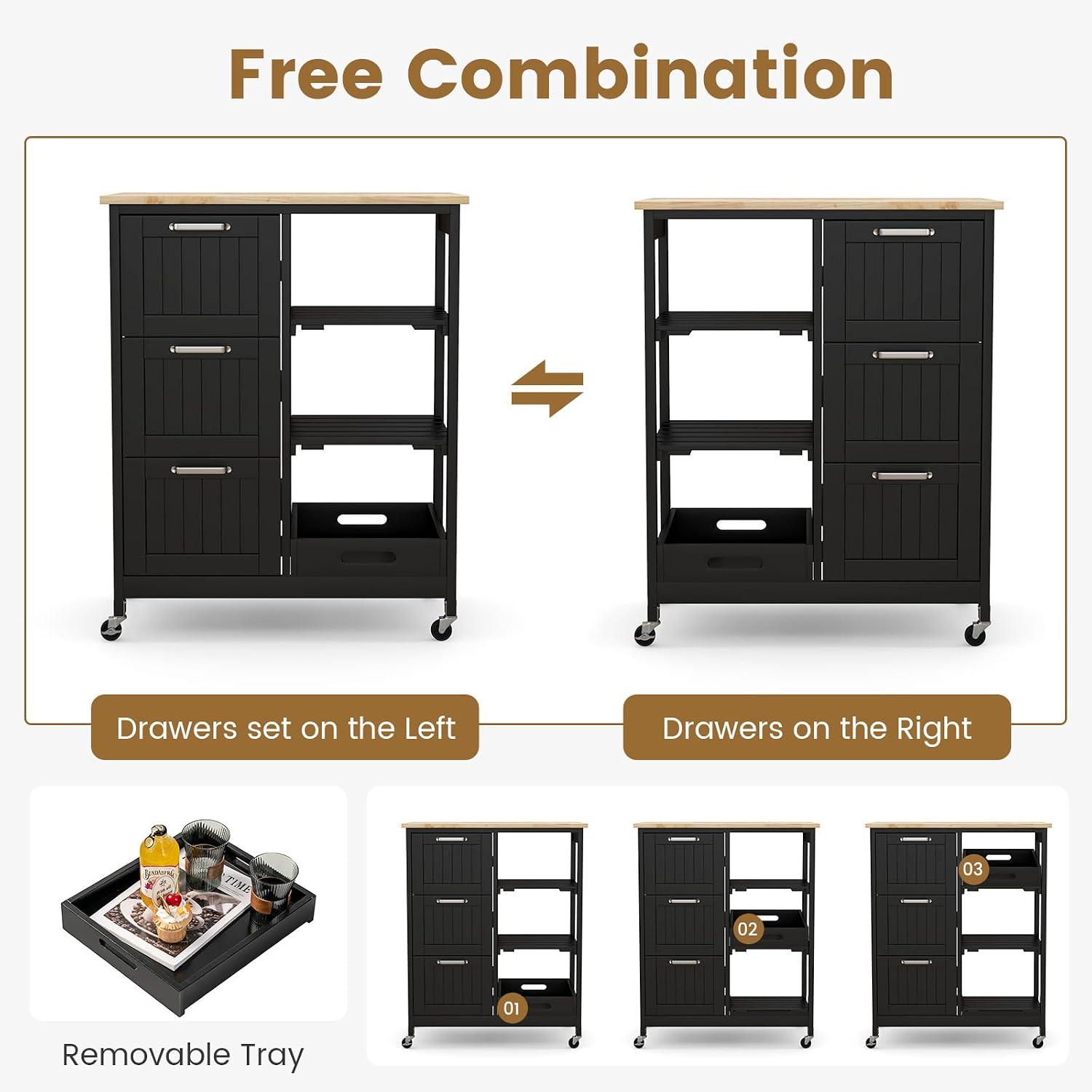 Kitchen Island with Storage, Kitchen Trolley on Wheels with Drawers & Open Shelves, Rolling Mobile Kitchen Island Cart for Dining Room Kitchen Living Room Bar Office (Black)