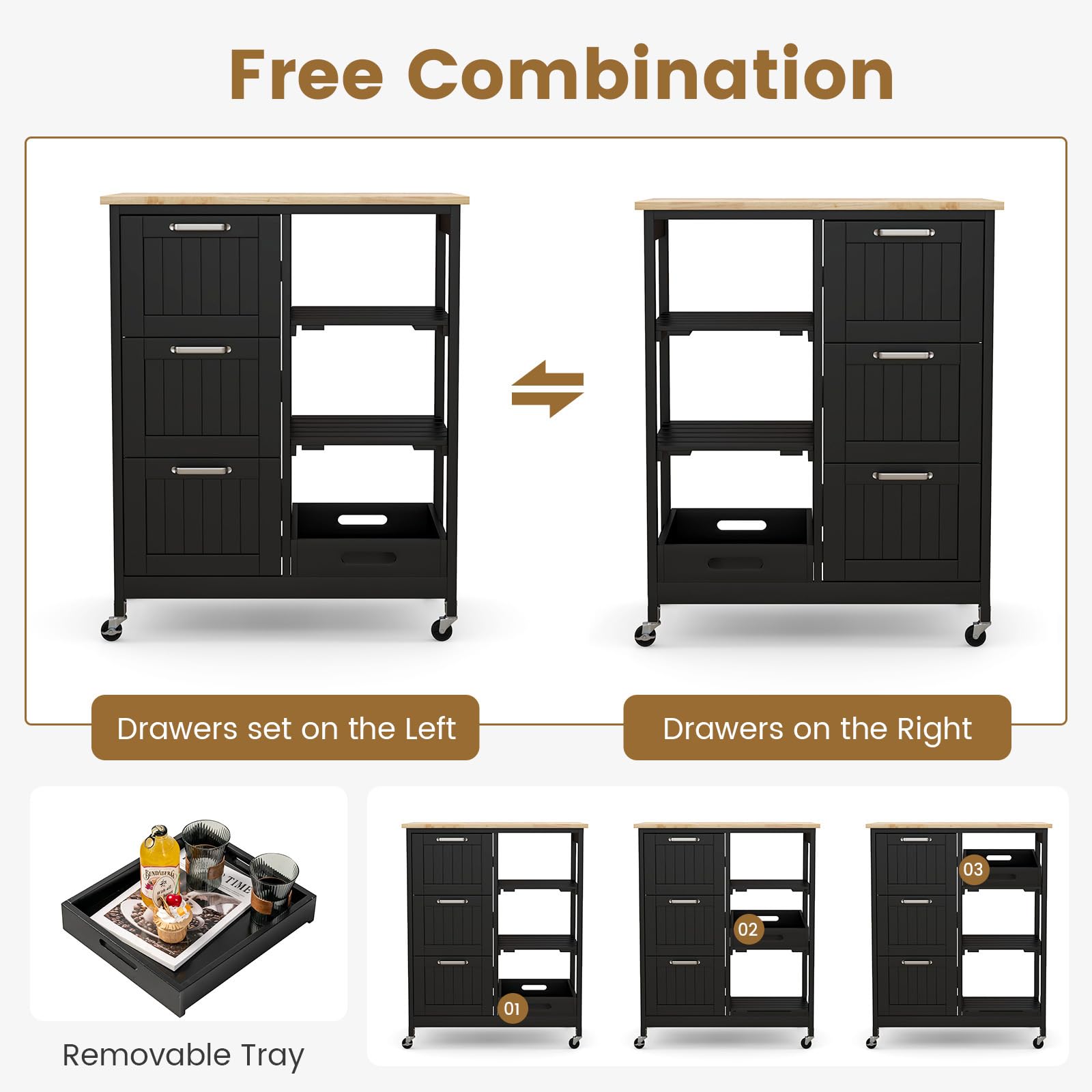GIANTEX Kitchen trolley on wheels, kitchen island with