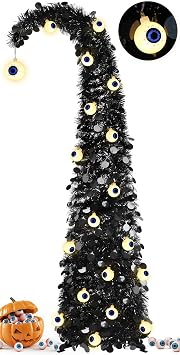 MACTING Whimsical Halloween Tree with Eyeball String Lights 5FT Black Pop Up Christmas Tree with 30 Eyeball Lights Collapsible Tinsel Pencil Curved Tree for Apartment Porch Indoor Outdoor Xmas Decor