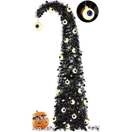 5FT Black Halloween Pop Up Christmas Tree with Eyeball String Lights | Whimsical Curved Tinsel Tree, 30 Warm White Eyeball Lights, 6H Timer, Foldable Design; Apartment, Porch, Party, XMAS Decor