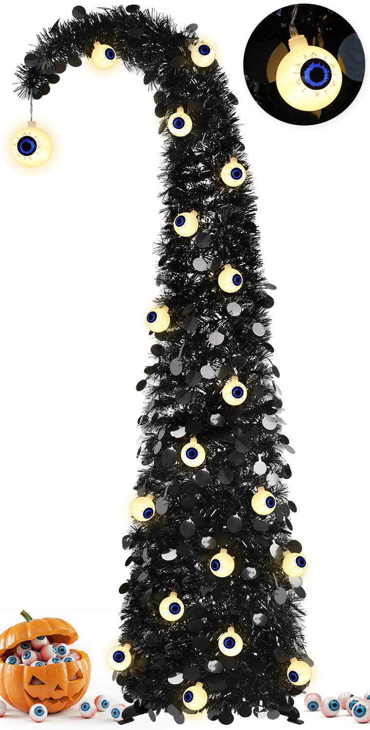 MACTING Albero di Natale stravagante con bulbo oculare, 1,5 m, nero, pop-up con 30 luci a bulbo oculare, albero curvo pieghevole per appartamento, portico, interno, esterno, decorazione natalizia