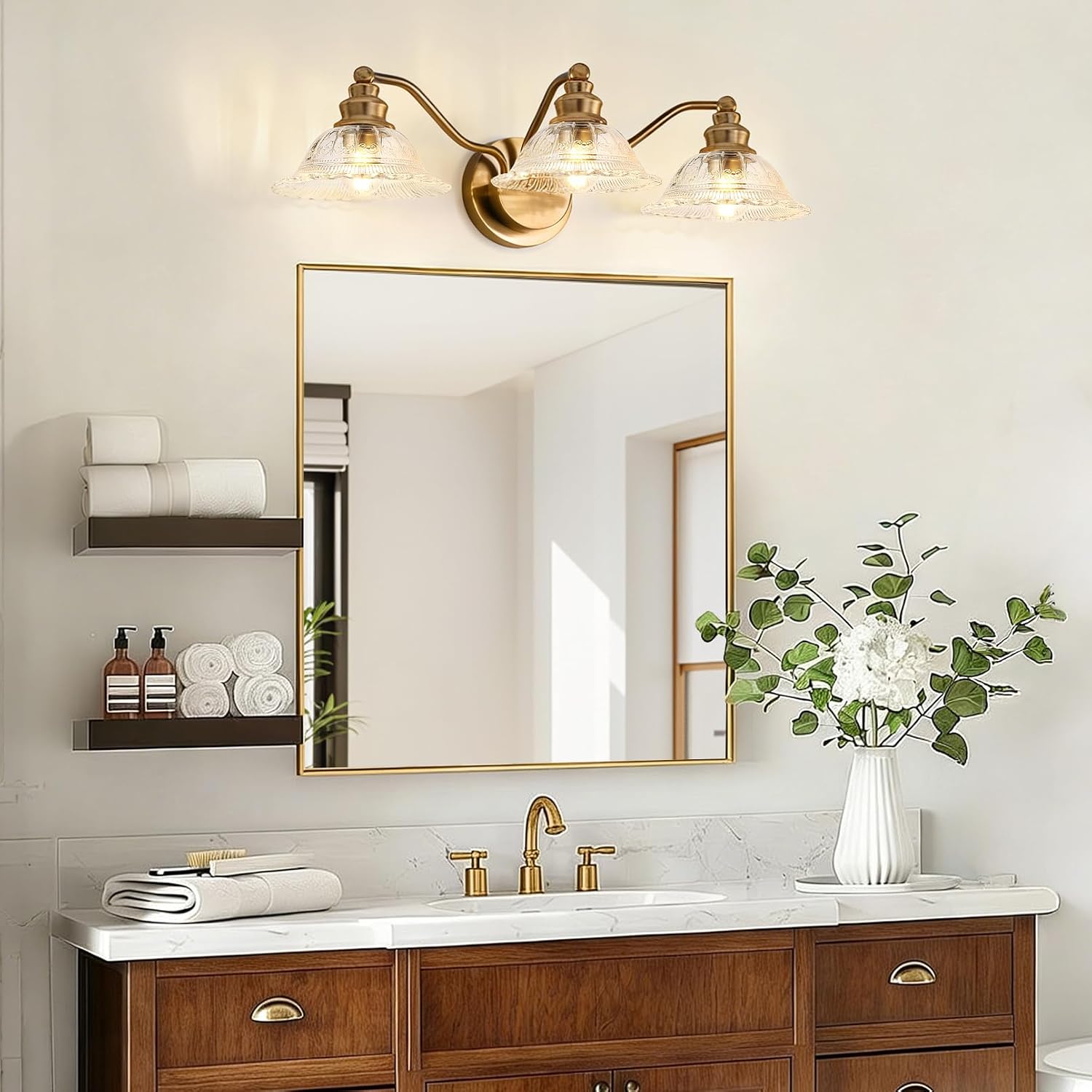 Redluck Vintage Bathroom Vanity Light Fixture, 3-Light Bathroom Lighting Fixtures Over Mirror, Antique Brass Finish with Crystal Glass Shade, Wall Sconces Lighting for Bedroom, Living Room, Hallway